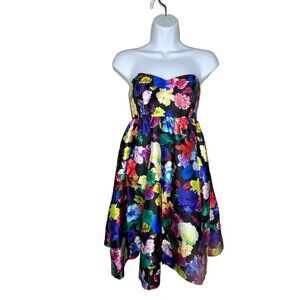 Theia Dress Floral  Pockets Sz 2 Black Colorful $295 Full skirt luxury